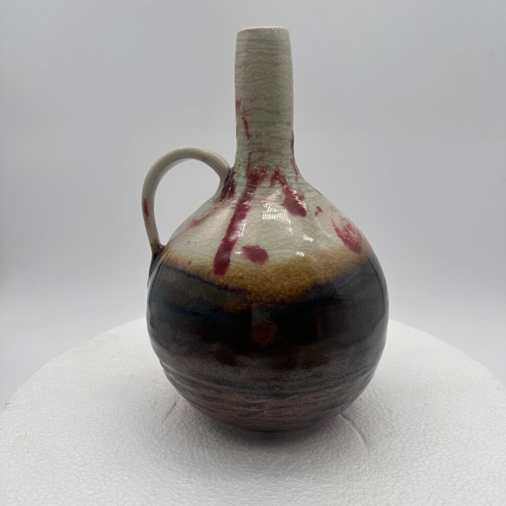 Hand Pottery Jug Drip Glaze Vase pitcher 8" tall - 6" widest earth red handle